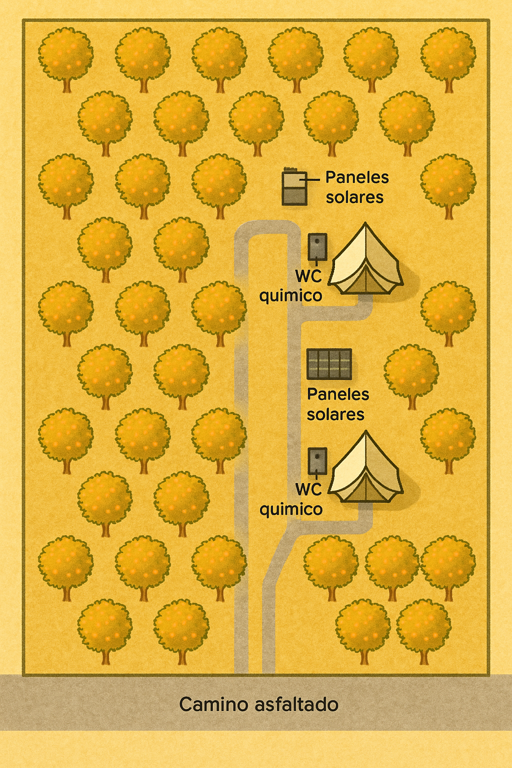 Croquis de la parcela con tiendas y arbolado